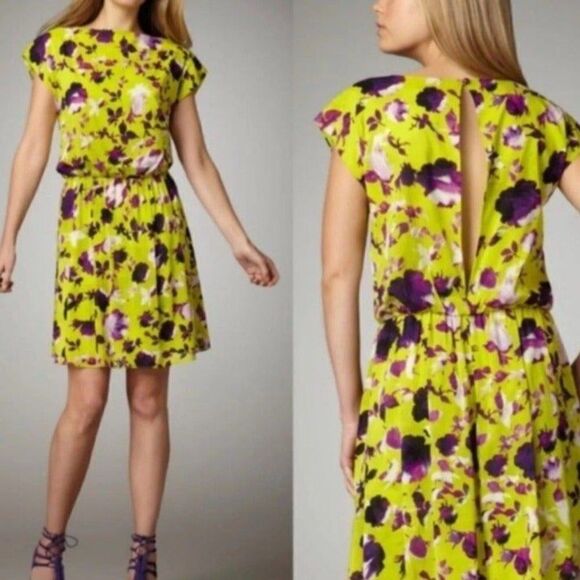 Alice + Olivia Silk Floral Corinne Dress  Chartreuse Yellow Gold Small - Picture 3 of 11